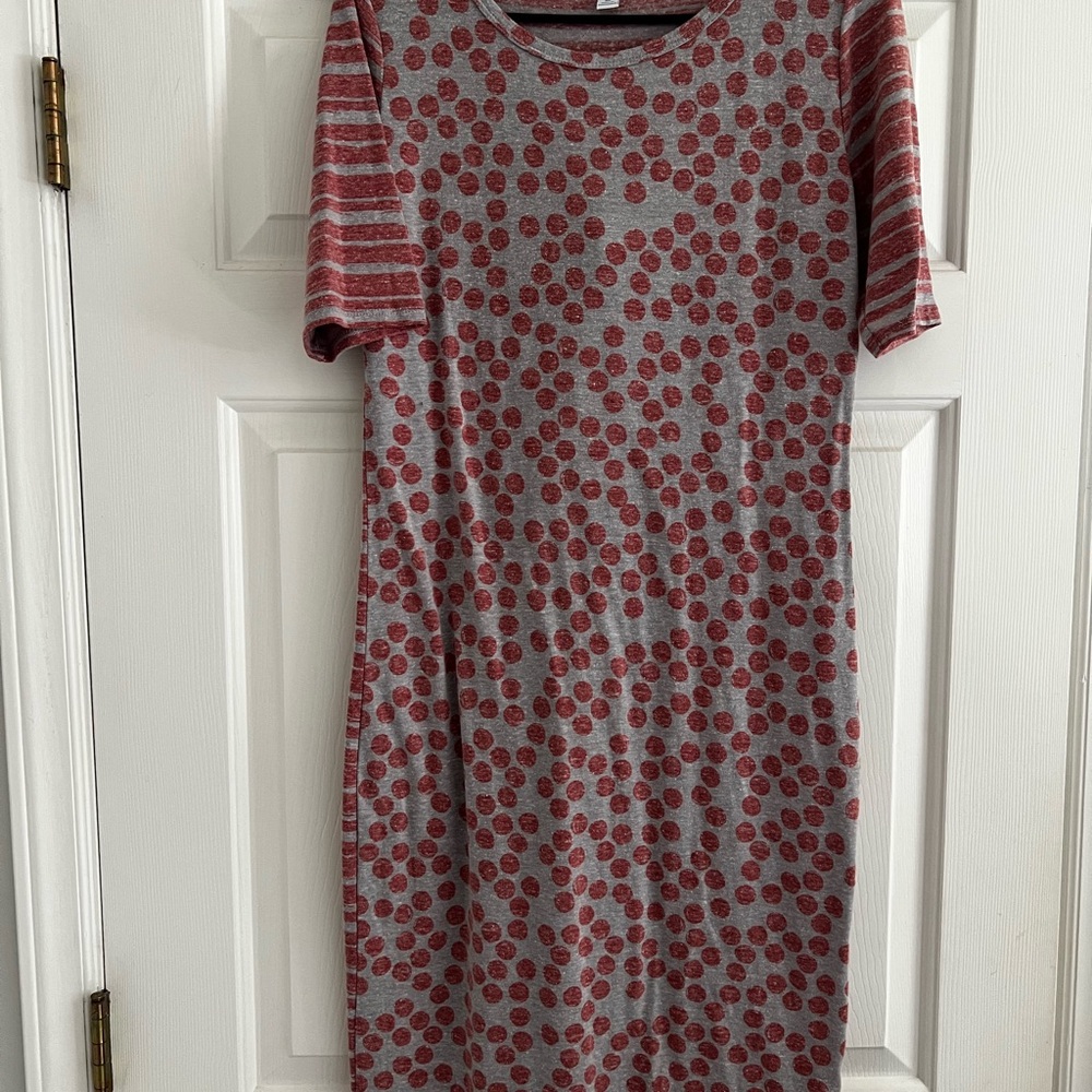 LuLaRoe Red and Gray Polka Dot Midi Dress